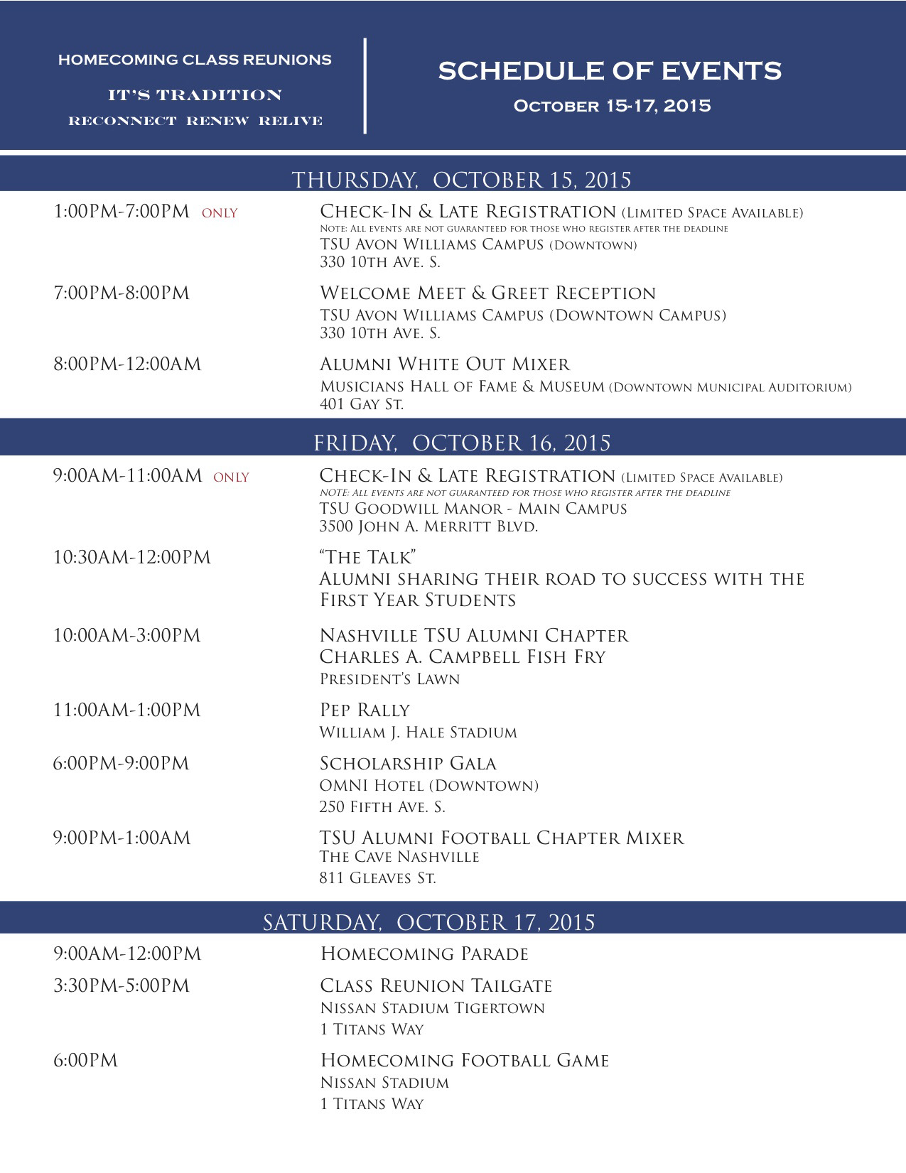 Class Reunion Events Schedule