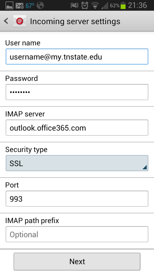 IMAP server enter