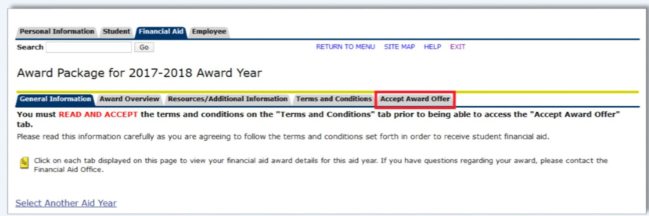 Accept award offer tab