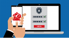 person holding a phone with a mail icon and a computer showing a login screen
