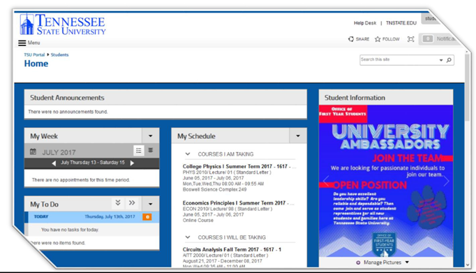MyTSU homepage