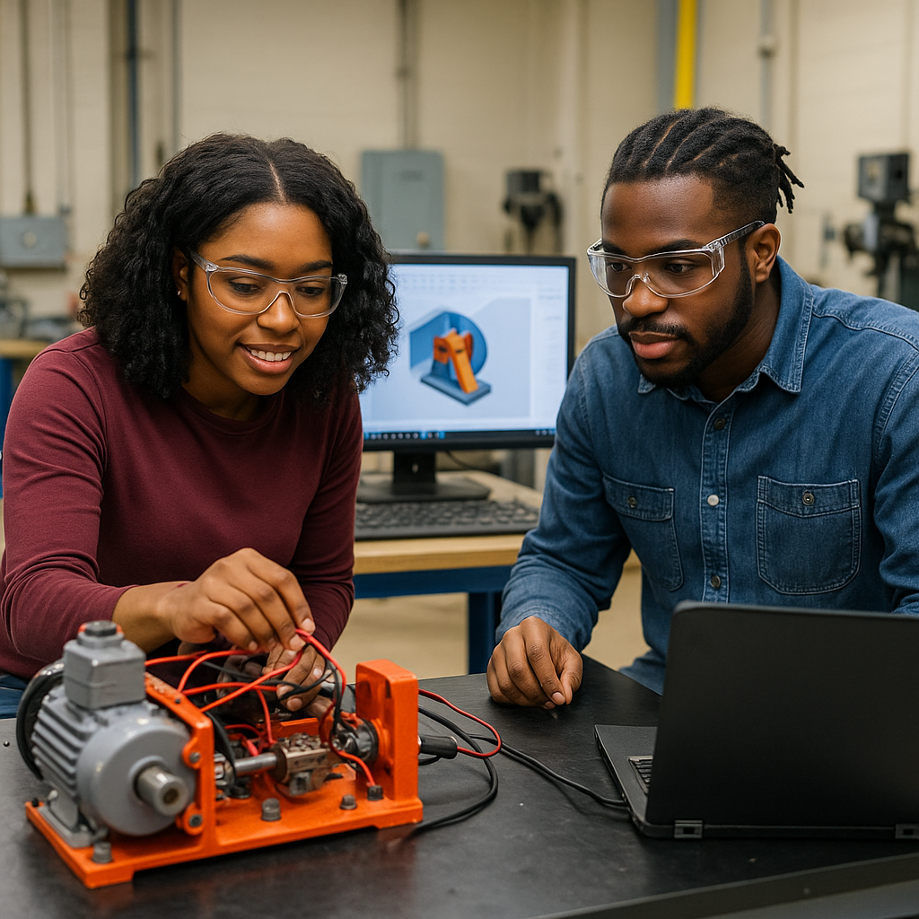 students in classroom working on equipment`