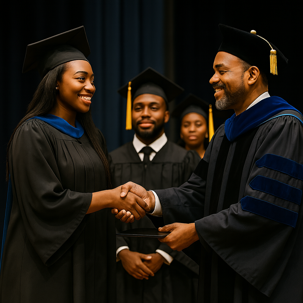 students wearing caps and gowns shaking hands 
