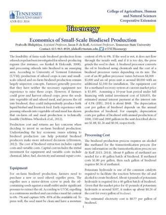 Economics of small-scale biodiesel production cover