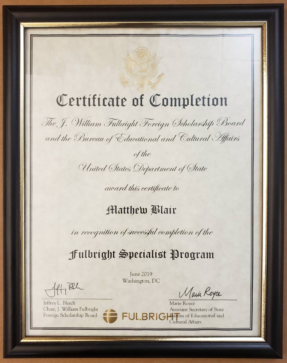 Dr. Blair framed certificate