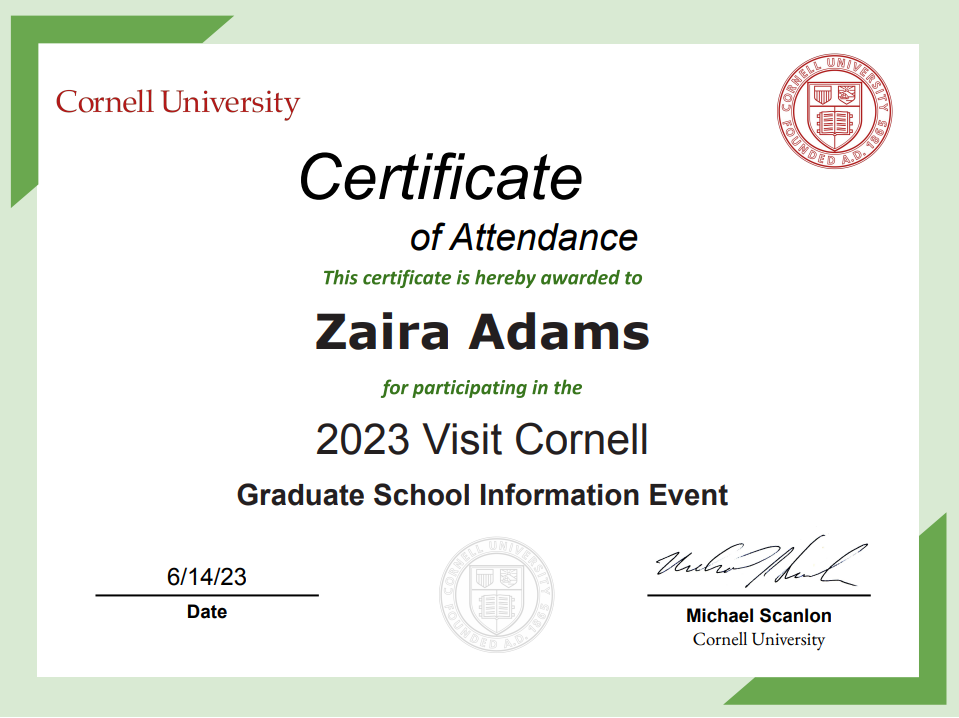Zaira Cornell Certificate