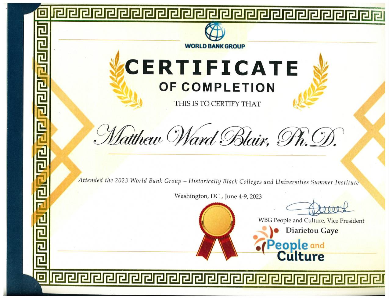 Dr. Blair World Bank Group Certificate of Completion