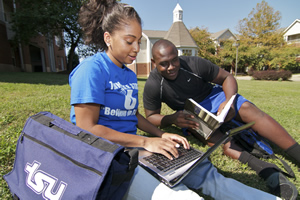 students on lawn