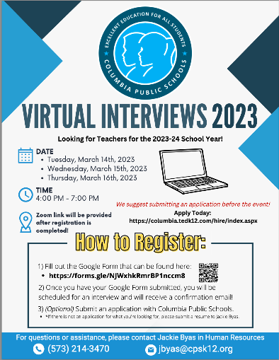 Columbia Public School Virtual Interview Flyer