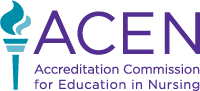 the text Acen Accreditation Commission for Education in Nursing in a purple font color